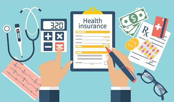 Man at the table fills in the form of health insurance. Healthcare concept. Vector illustration flat design style. Life planning. Claim form. Medical equipment money prescription medications.